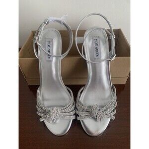 Steve Madden Ilyse-R Silver Rhinestone Strappy Block Heel Dress Sandals